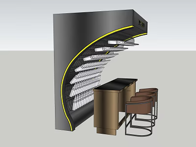 Modern Curved Wine Cabinet With Black Gold Design And Bar Counter Stools 3d model