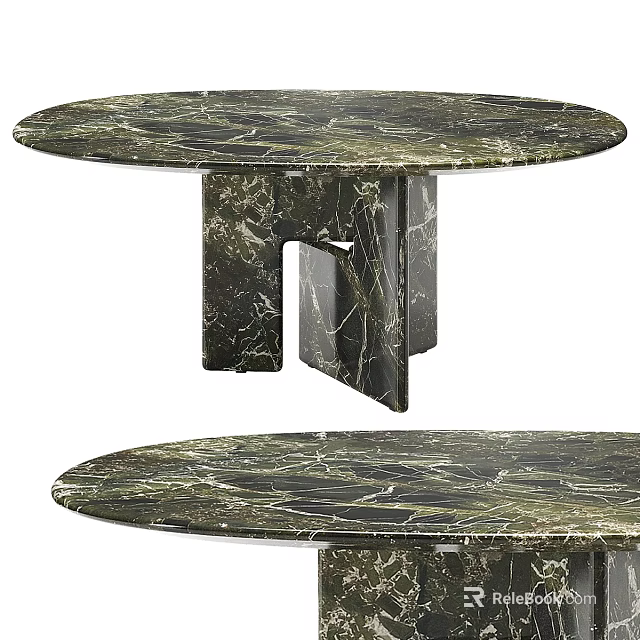 Elegant Round Dining Table With Green Black Marble Top And Unique Block Legs 3d model 