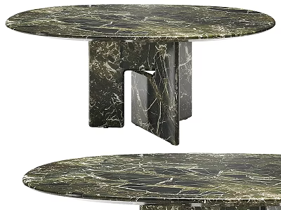 Elegant Round Dining Table With Green Black Marble Top And Unique Block Legs 3d model