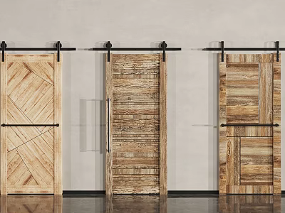 Stylish Barn Doors With Various Wooden Textures And Designs On Sliding Tracks Against Light Walls 3d model