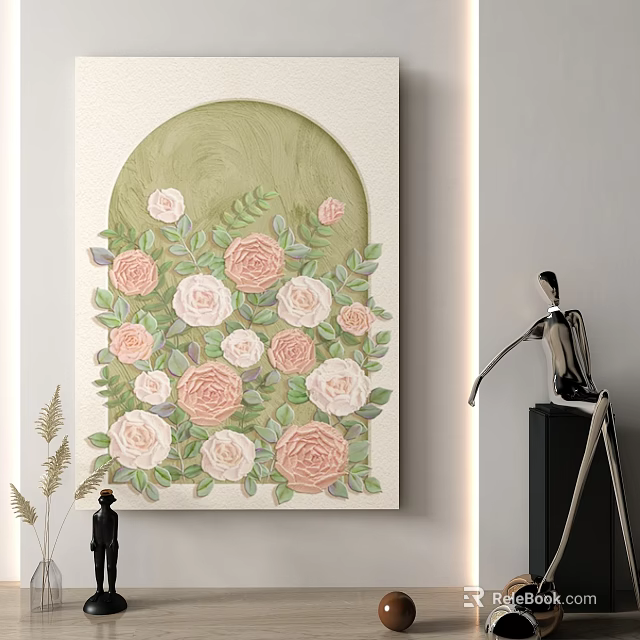 Elegant Landscape Painting With Arched Green Frame Pink White Roses And Green Leaves 3d model 