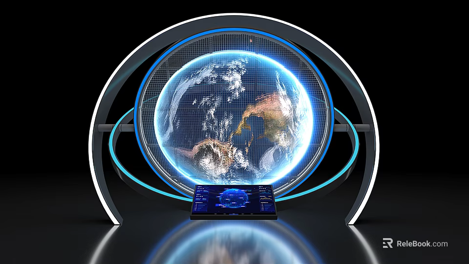 Modern Computer Display System With Global Earth Projection Illuminated Rings And Control Interface 3d model