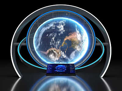 Modern Computer Display System With Global Earth Projection Illuminated Rings And Control Interface 3d model