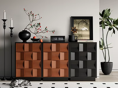 Modern Entryway Console Cabinet With Wooden Panel Design And Decorative Vase Plant Picture Frame 3d model