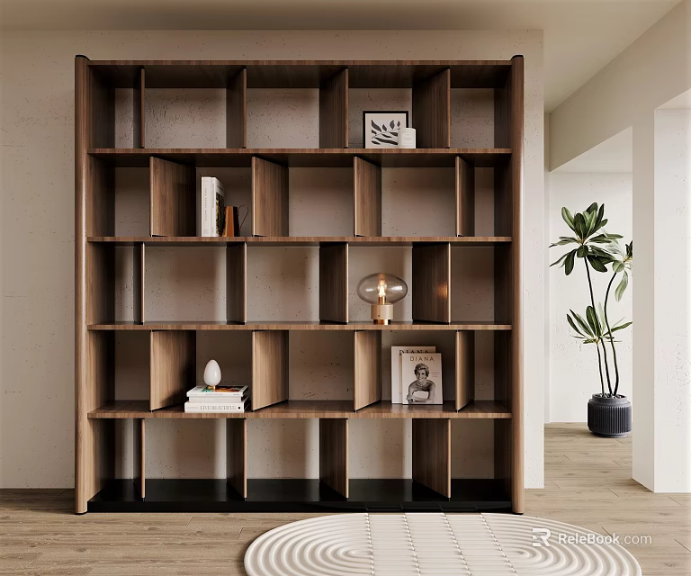 Modern Wooden Bookshelf With Open Compartments Books Frames And Decor In Interior 3d model 