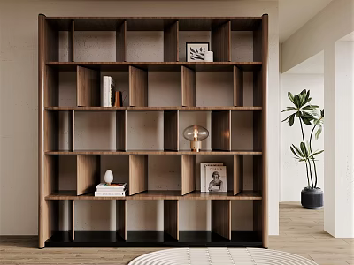 Modern Wooden Bookshelf With Open Compartments Books Frames And Decor In Interior 3d model