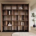 Modern Wooden Bookshelf With Open Compartments Books Frames And Decor In Interior 3d model