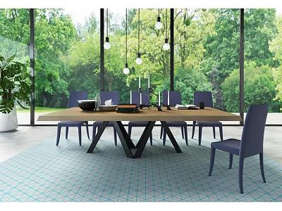 Modern Dining Table Set With Blue Chairs Pendant Lights And Natural View Through Large Windows 3d model