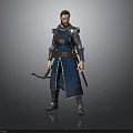 Medieval Warrior Man in Blue Full Armor Holding Bow and Sword