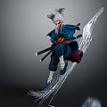 White Haired Game Movie Character In Blue Outfit With Dual Swords And Flowing Dynamic Pose