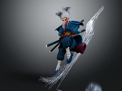 White Haired Game Movie Character In Blue Outfit With Dual Swords And Flowing Dynamic Pose 3d model