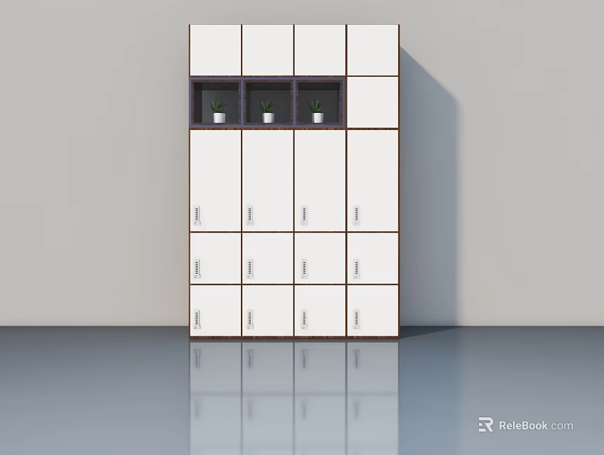 White Locker Cabinet With Multiple Flat Doors Glass Compartments And Small Potted Plants 3d model