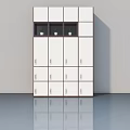 White Locker Cabinet With Multiple Flat Doors Glass Compartments And Small Potted Plants 3d model