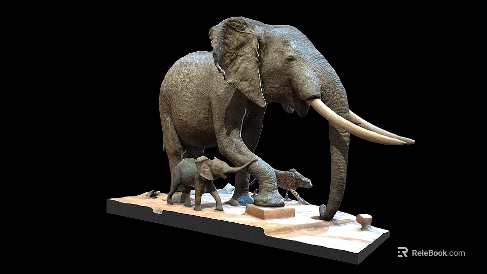Realistic Elephant Sculpture Featuring Adult And Baby Elephants On Base 3d model 