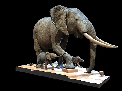 Realistic Elephant Sculpture Featuring Adult And Baby Elephants On Base 3d model