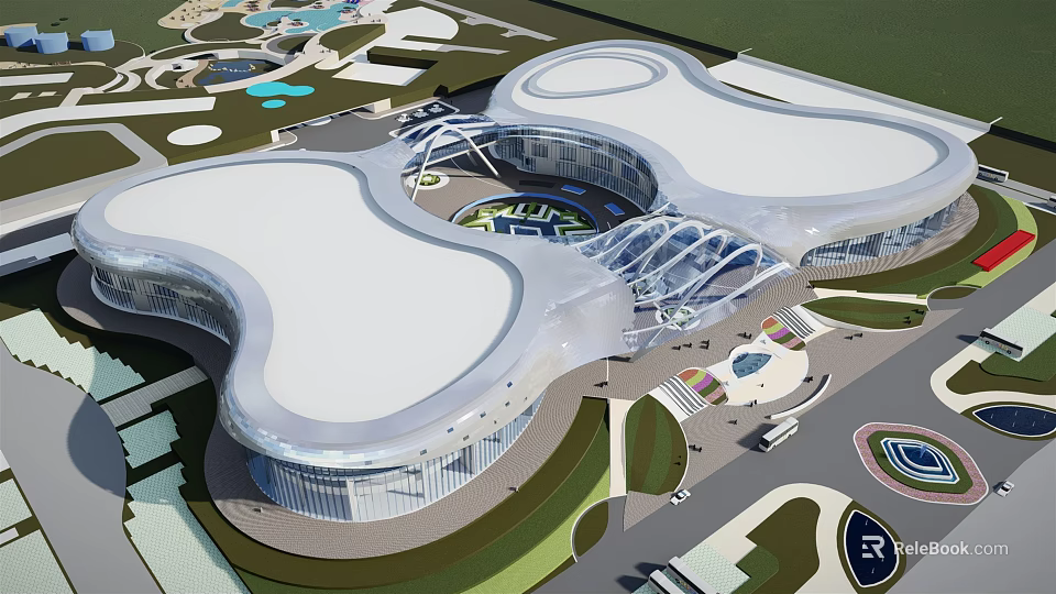 Contemporary Architectural Landmark With Curved Roof Glass Facade And Green Surroundings 3d model 