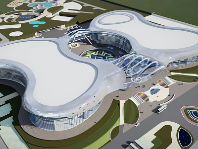 Contemporary Architectural Landmark With Curved Roof Glass Facade And Green Surroundings 3d model