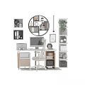 Stylish Home Office Desk Chair Set With Computer Printer And Decorative Shelves