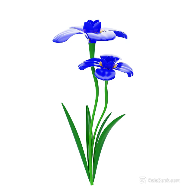Beautiful Blue Flowers with Two Blooms Green Stems and Lush Leaves 3d model 