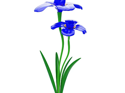 Beautiful Blue Flowers with Two Blooms Green Stems and Lush Leaves 3d model