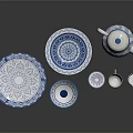 Blue And White Ceramic Tableware Set With Plates Bowls Teapot And Cups
