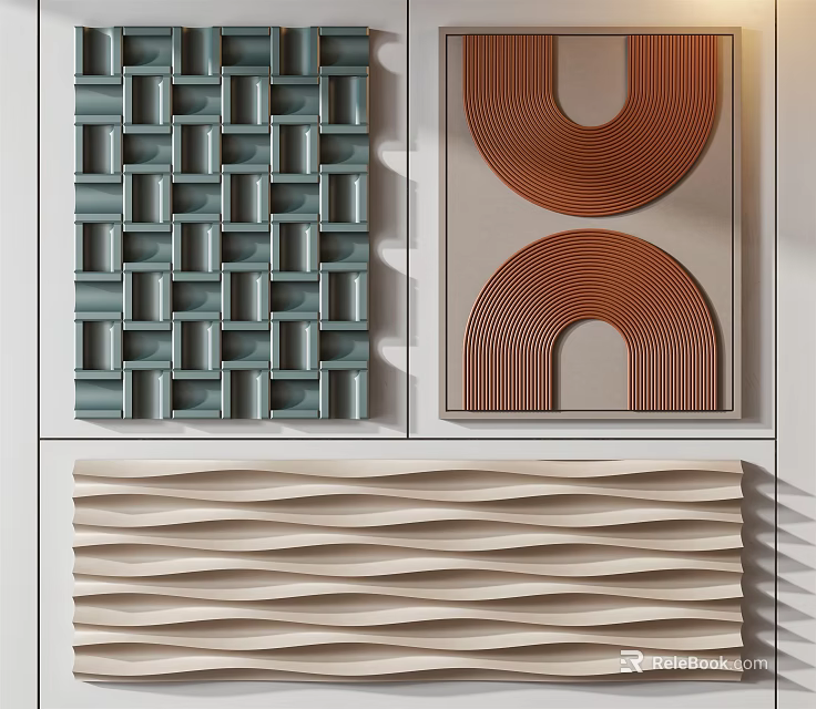 Various Designs of Wall Decor with Teal Grid Brown Arched and Beige Wavy Patterns 3d model 