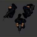 Group of armed figures in black tactical gear with red goggles holding rifles