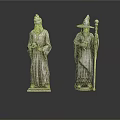 Elderly Man Wizard Statues In Silver Robe And Hat Holding Book And Staff