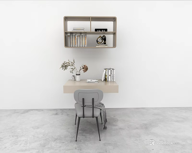 Minimalist Desk Interior With Wall Mounted Shelf Books And Clock Tabletop Plant Vase And Chair 3d model 