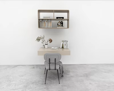 Minimalist Desk Interior With Wall Mounted Shelf Books And Clock Tabletop Plant Vase And Chair 3d model