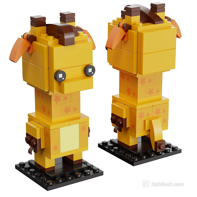 Yellow Building Blocks Giraffe Figure with Star Patterns and Brown Ears Horns in Standing Pose 3d model 