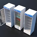 Three White Upright Freezers With Middle Door Open And Drinks Inside 3d model