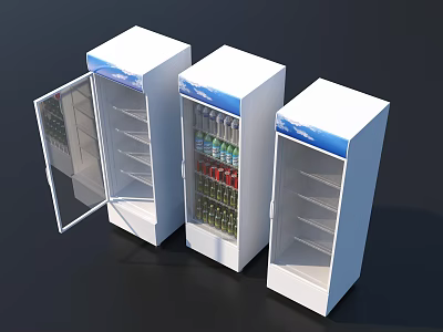 Three White Upright Freezers With Middle Door Open And Drinks Inside 3d model