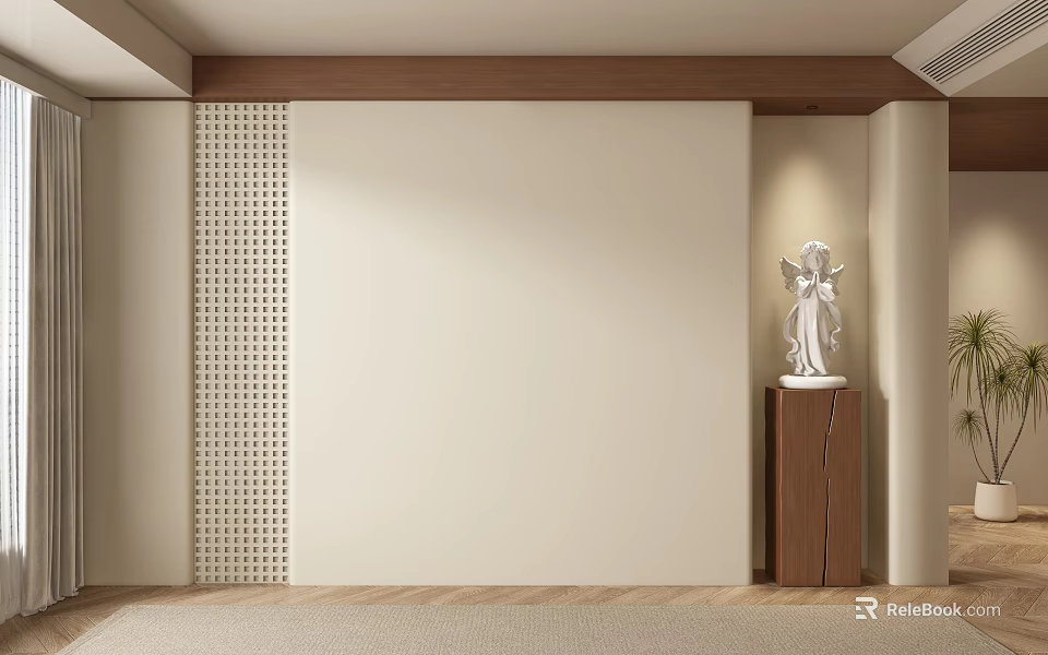 Beige Sofa Background Wall With Wooden Trim Perforated Panel Wooden Cabinet And White Angel Statue 3d model 