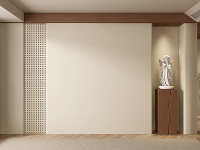 Beige Sofa Background Wall With Wooden Trim Perforated Panel Wooden Cabinet And White Angel Statue 3d model