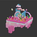 Colorful Cartoon Scene With Pink Platform Blue Building Rainbow Clouds And Candy Decorations