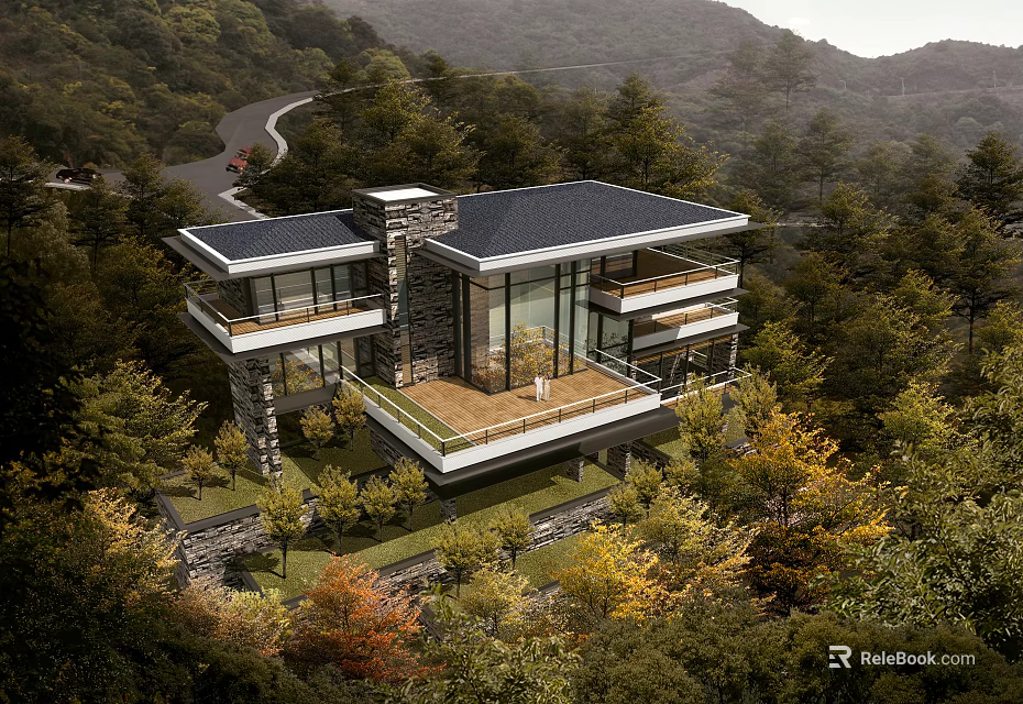 Modern Detached Villa with Large Glass Windows Stone Walls and Wooden Terrace in Wooded Mountains 3d model 