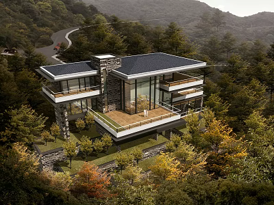 Modern Detached Villa with Large Glass Windows Stone Walls and Wooden Terrace in Wooded Mountains 3d model