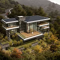 Modern Detached Villa with Large Glass Windows Stone Walls and Wooden Terrace in Wooded Mountains