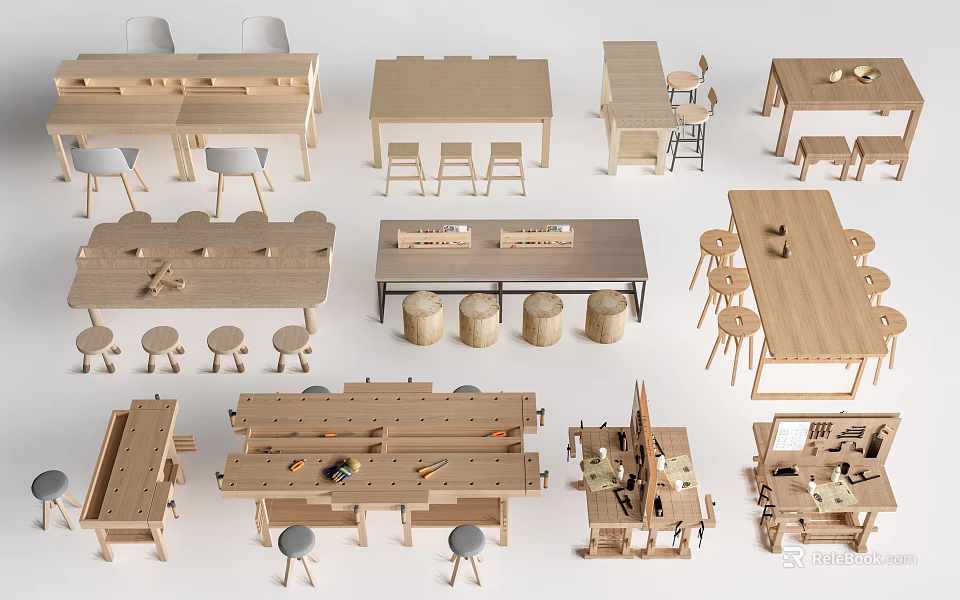 Modern Wooden Table And Chair Sets With Various Designs And Functional Sizes 3d model