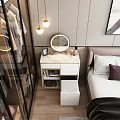 Modern Bedroom Dressing Table With Round Mirror Drawers Pendant Lights And Wall Art