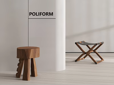 POLIFORM Wooden Stools with Natural Wood Design Cross Leg Structure and Black Cushion in Modern Interior 3d model