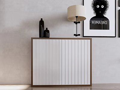 Modern Storage Cabinet with White Doors Brown Frame Table Lamp Vases and Wall Art 3d model