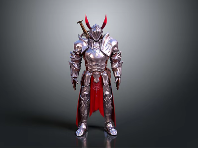 Silver Armor Character With Red Horns Red Cape And Sword Design 3d model
