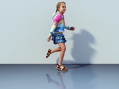 Young Girl Running Wearing Colorful Striped Sweater Blue Pleated Skirt Brown Sandals on Smooth Floor 3d model