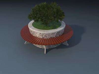Circular Outdoor Chair With Wooden Seats And Stone Base Surrounding Central Tree 3d model