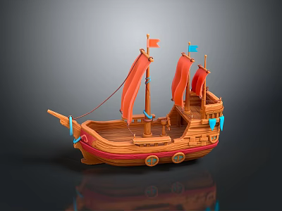 Traditional Wooden Ship Model With Red Sails And Blue Decorative Flags 3d model