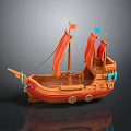 Traditional Wooden Ship Model With Red Sails And Blue Decorative Flags