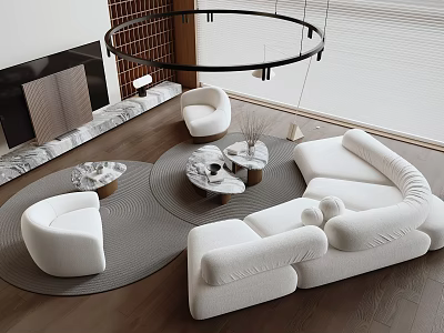 Modern White Sofa and Coffee Table Set With Round Marble Top and Area Rug 3d model