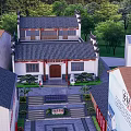 Ancient Chinese Architecture Featuring Black Tiled Roof Red Wooden Door Stone Lions And Green Plants